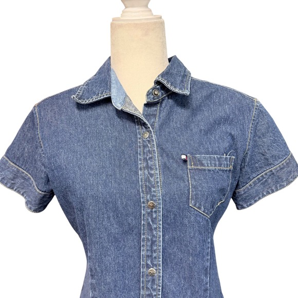 Vtg 90s Tommy Jeans Denim Mini Shirt Dress Womens L Western Rodeo Cowgirl Prep - Picture 15 of 16